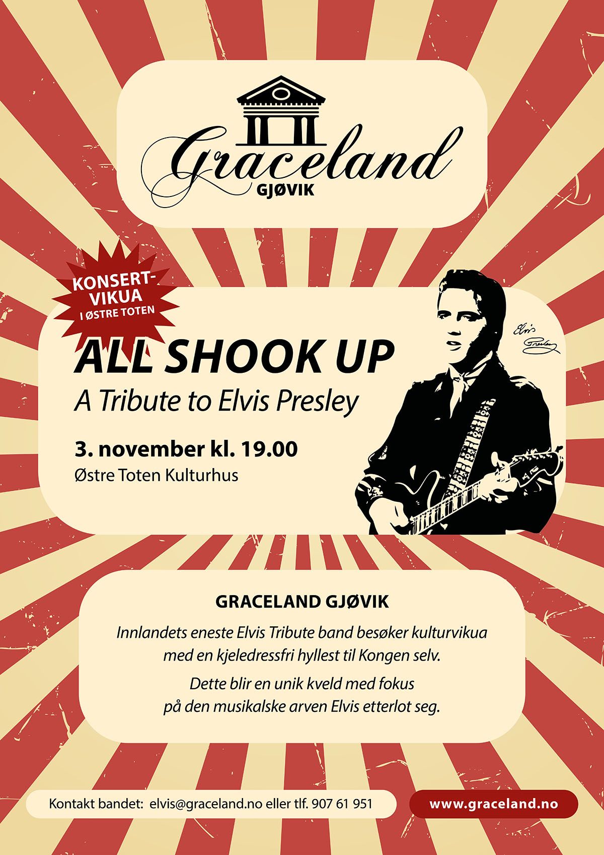 Plakat: All shook up, A tribute to Elvis Presley, Østre toten kulturhus, Skreia, 3. nov. 2023