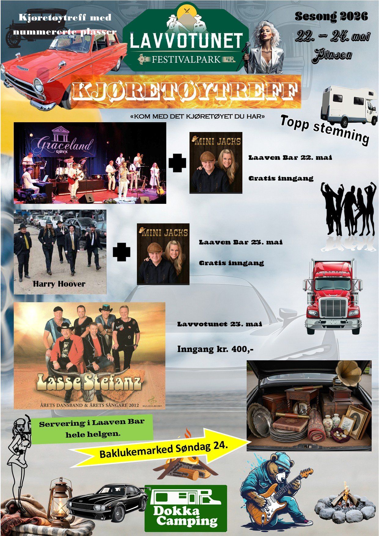 Plakat: Dokka Camping, biltreff, Lavvotunet, Dokka, 22. mai 2026