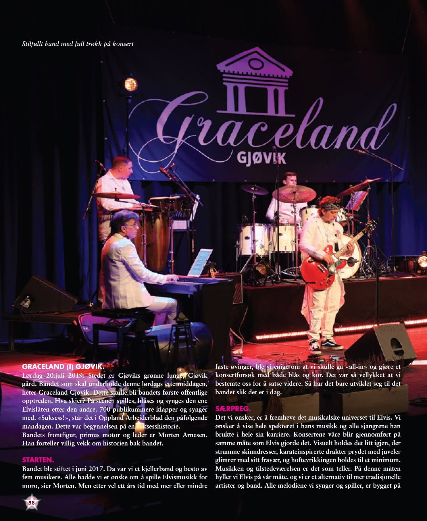 Side 58 i bladet Flaming Star, med bilde av Graceland Gjøvik på scenen på Gjøvik gård og teksten «Graceland (i) Gjøvik»