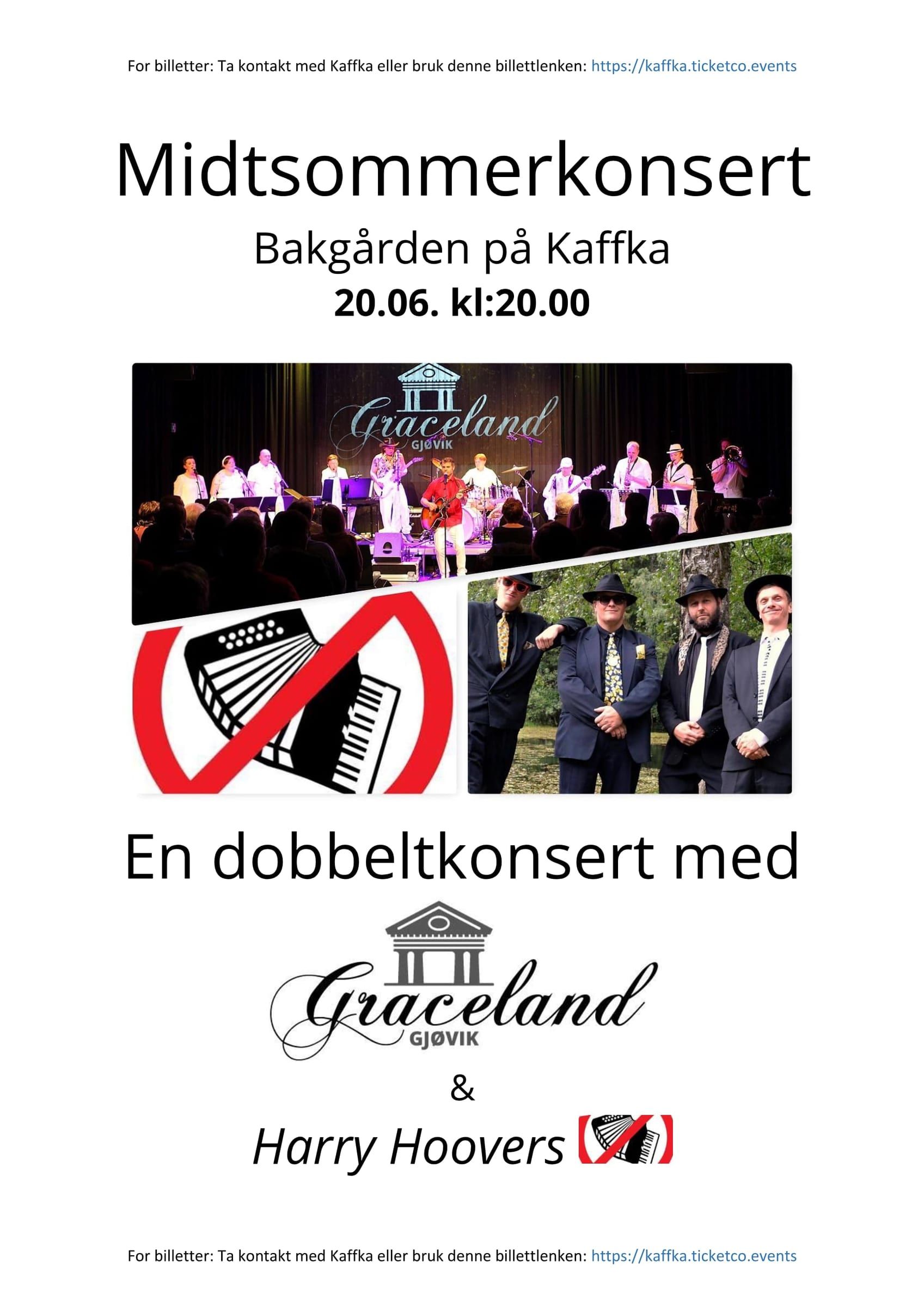 Plakat: Midtsommerkonserten, Elvis og Vazelina, Bakgården Kaffka, Gjøvik, 20. juni 2020