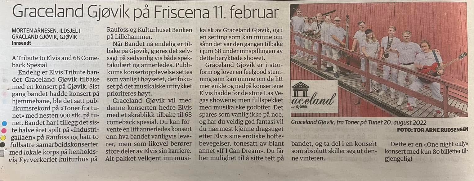 Avisutklipp: «Graceland Gjøvik på Friscena 11. februar», innsendt av Morten Arnesen (2. februar 2023)