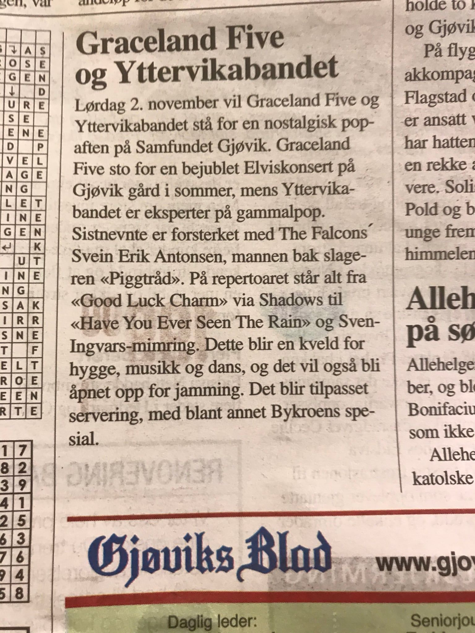 Avisutklipp: «Graceland Five og Yttervikabandet», Gjøviks Blad (2019)