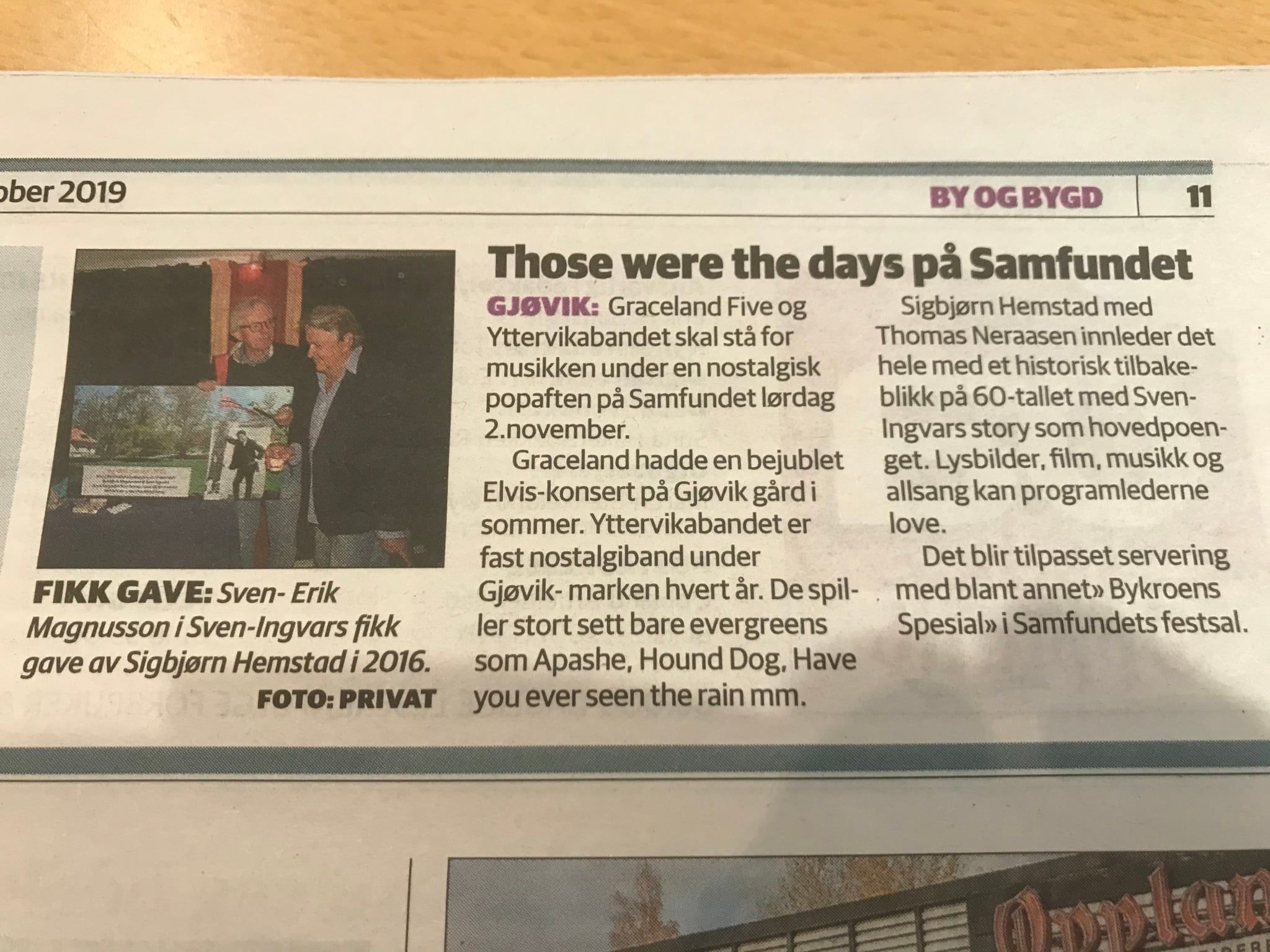 Avisutklipp: «Those were the days på Samfundet», Oppland Arbeiderblad (oktober 2019)